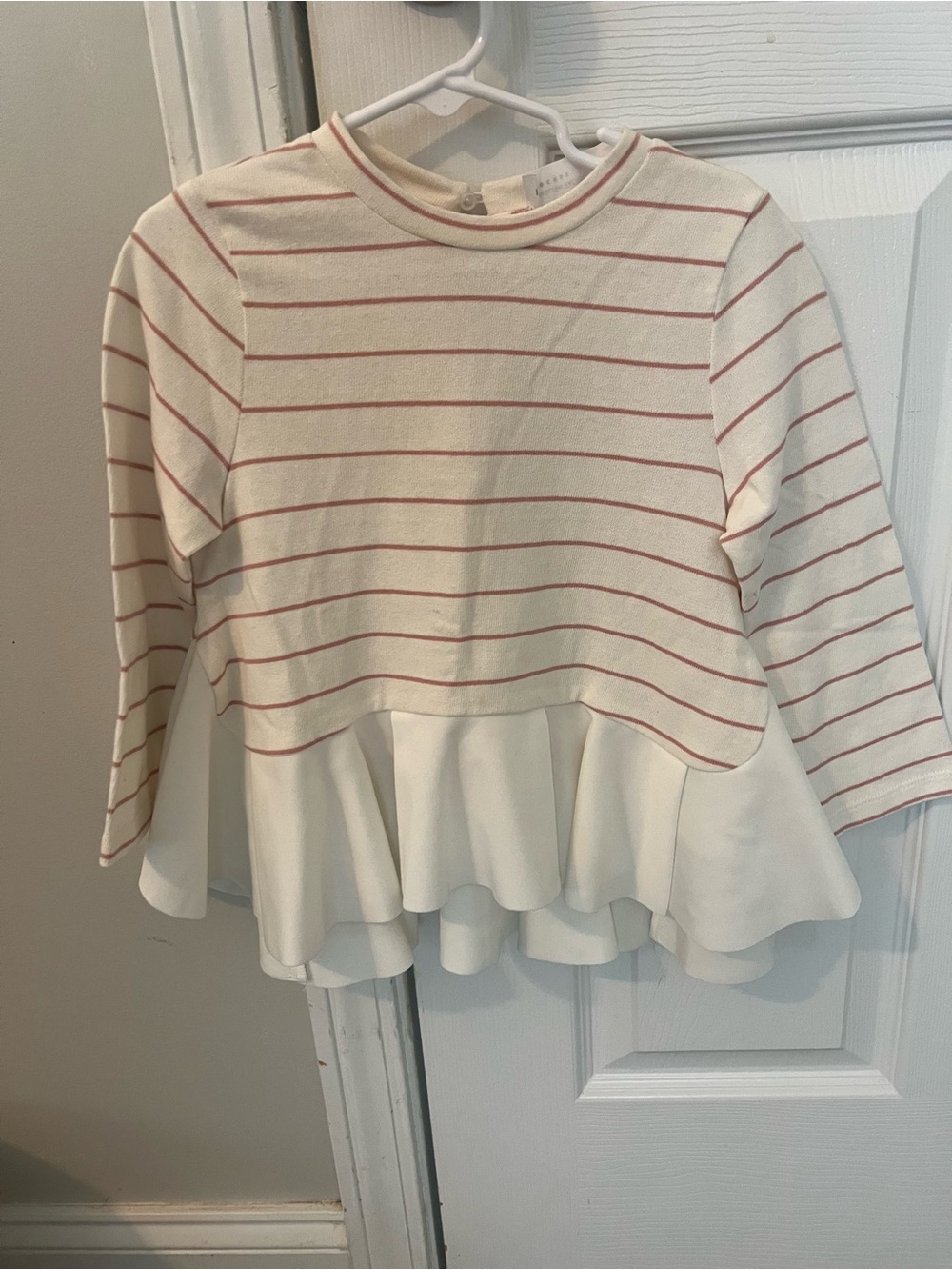 NWOT English Factory Girls' Long-Sleeve Peplum Top - White with Pink Stripes